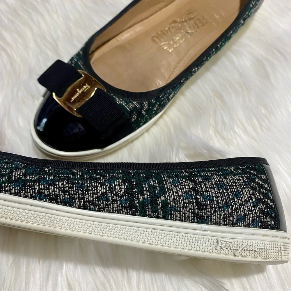 Ferragamo Rufina‎ Tweed Patent Leather Flats Green Black 5.5